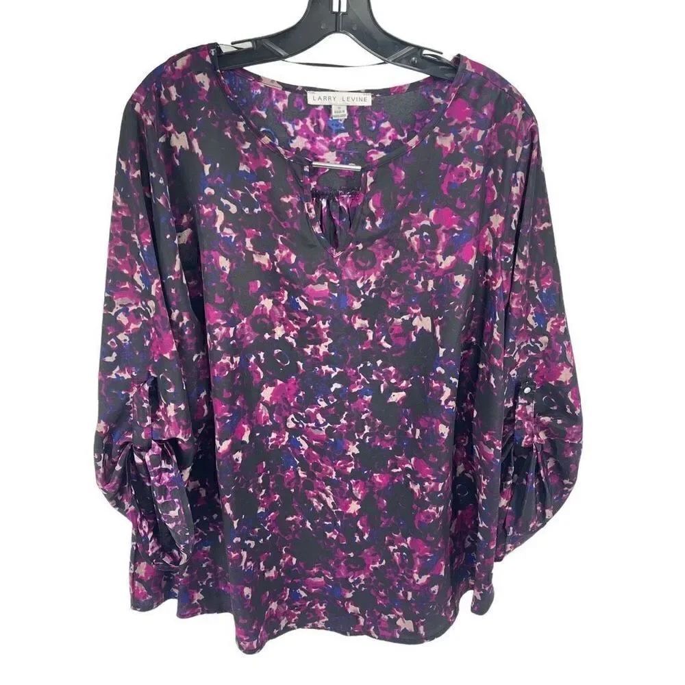 Larry Levine Womens Blouse Top Roll Tab Sleeve Lightweight Floral Pink 1X